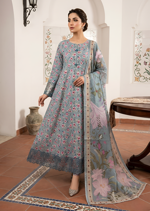 Sky Blue Floral Maxi with Embroidered Dupatta