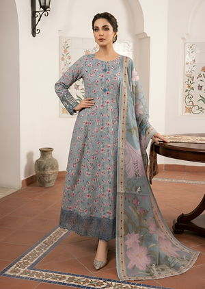 Sky Blue Floral Maxi with Embroidered Dupatta