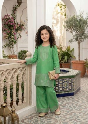 Girl Green Embroidered Kurta with Plazzo Set