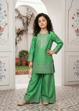 Girl Green Embroidered Kurta with Plazzo Set