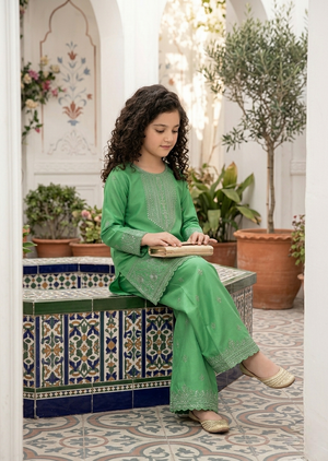Girl Green Embroidered Kurta with Plazzo Set