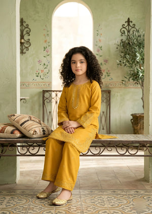 Girls Yellow Embroidered Kurta with Plazzo Set