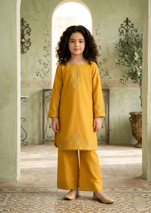 Girls Yellow Embroidered Kurta with Plazzo Set