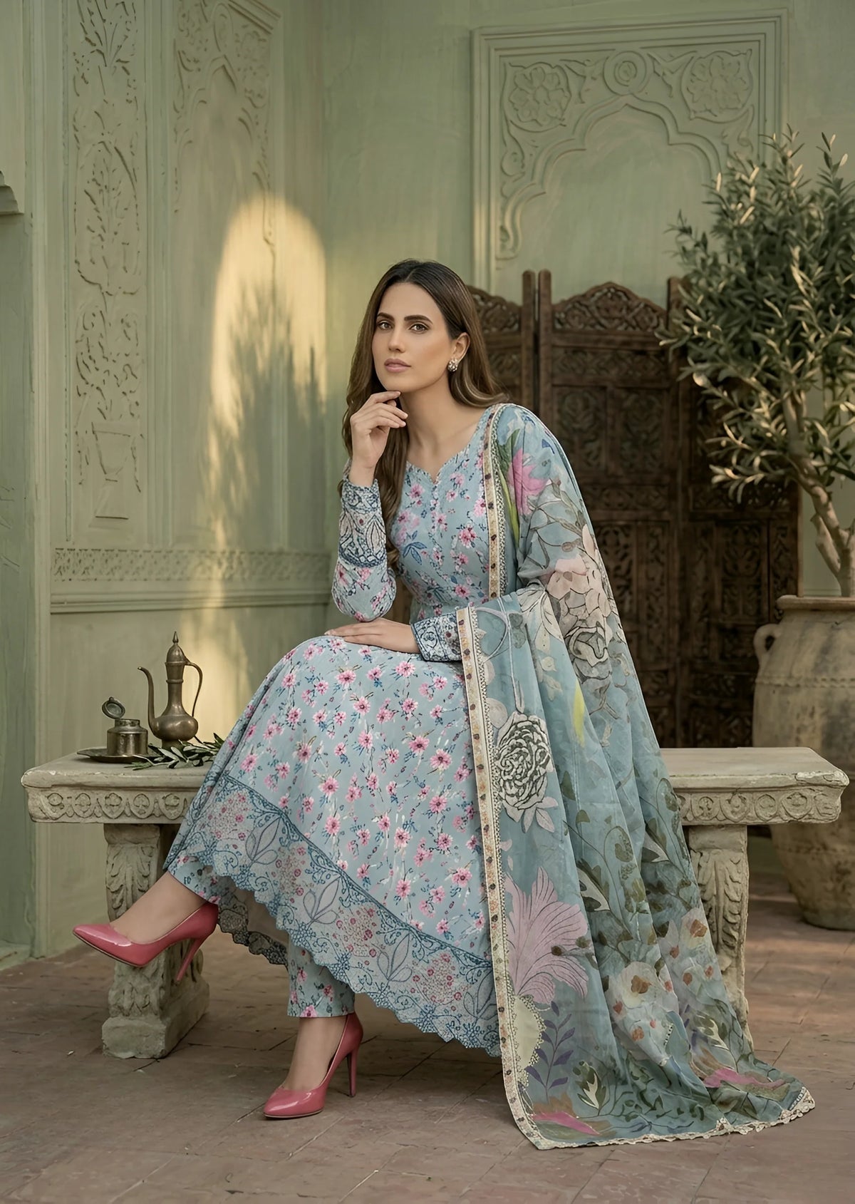 Floral Digital Print Lawn Flared Maxi with Dupatta & Trousers