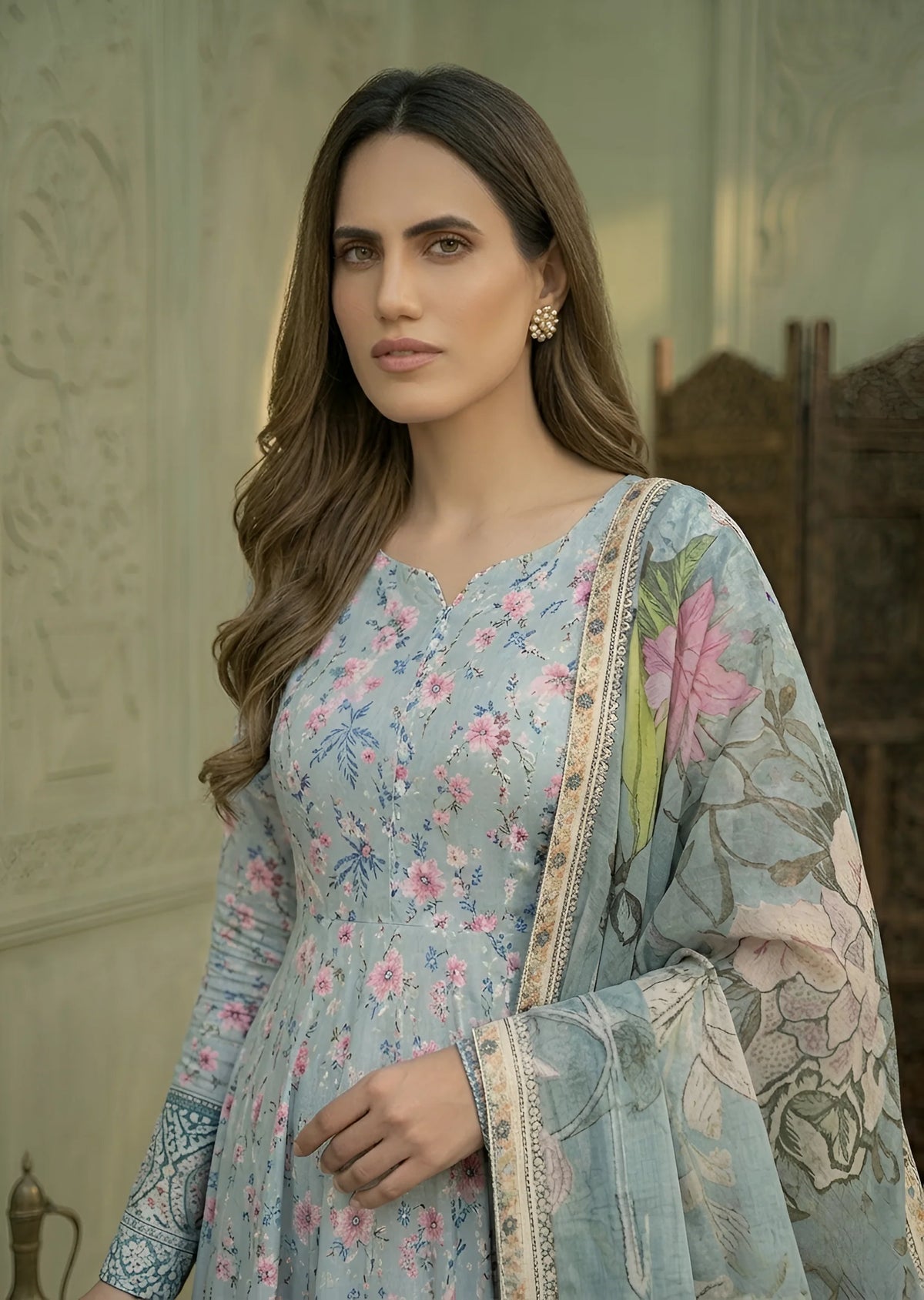 Floral Digital Print Lawn Flared Maxi with Dupatta & Trousers