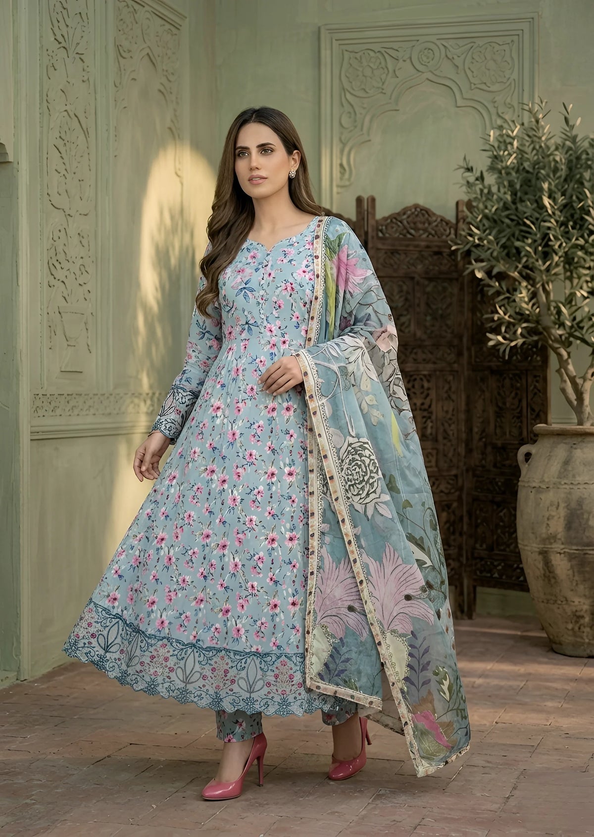 Floral Digital Print Lawn Flared Maxi with Dupatta & Trousers