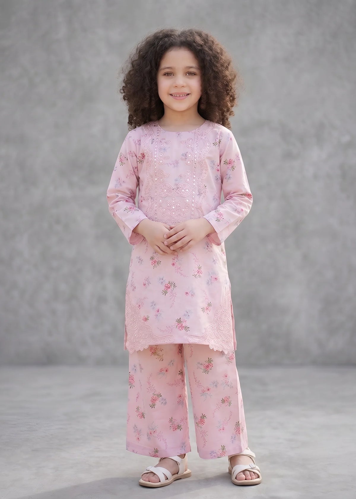 Girl Pink Floral Embroidered Kurta Set