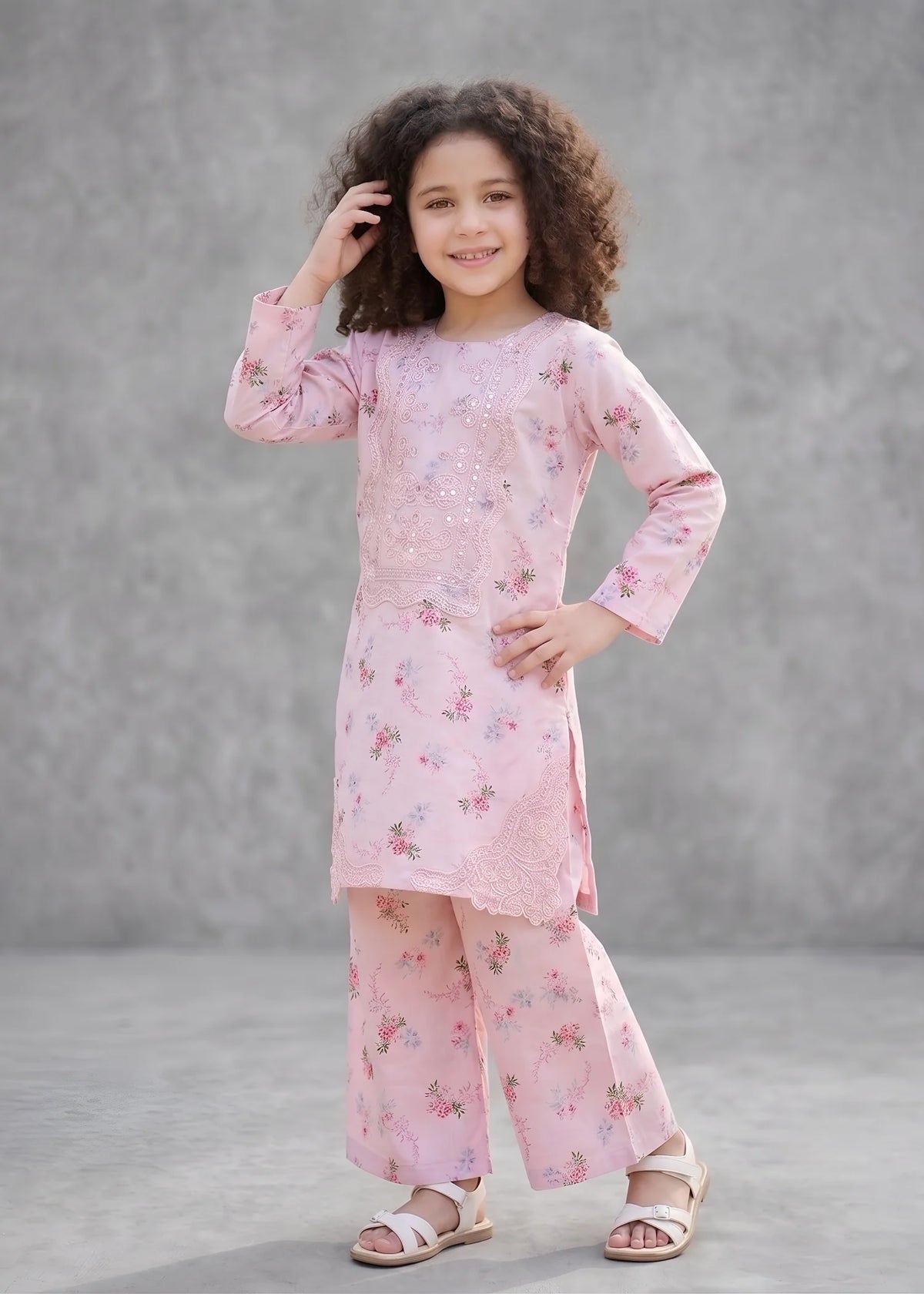 Girl Pink Floral Embroidered Kurta Set
