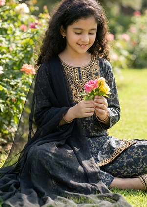 Kids Embroidered Navy Blue Cotton Kurta Set with Chiffon Dupatta