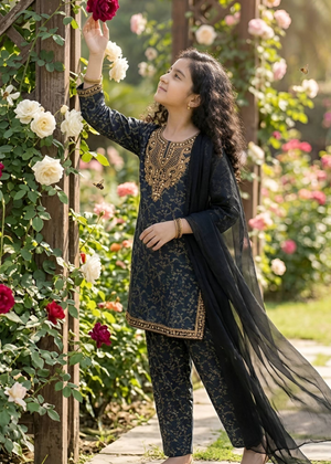 Kids Embroidered Navy Blue Cotton Kurta Set with Chiffon Dupatta