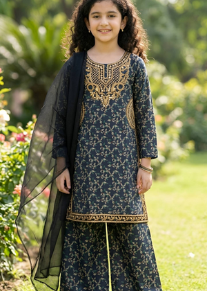 Kids Embroidered Navy Blue Cotton Kurta Set with Chiffon Dupatta