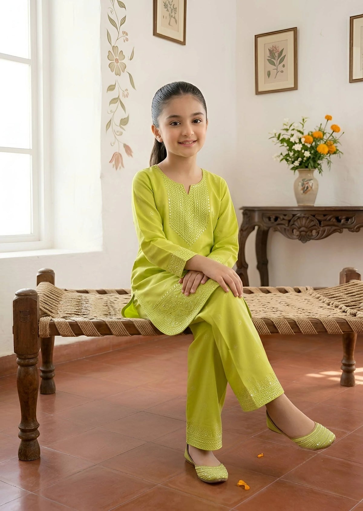 Girls Lime Green Embroidered & Mirror Work Kurta Set