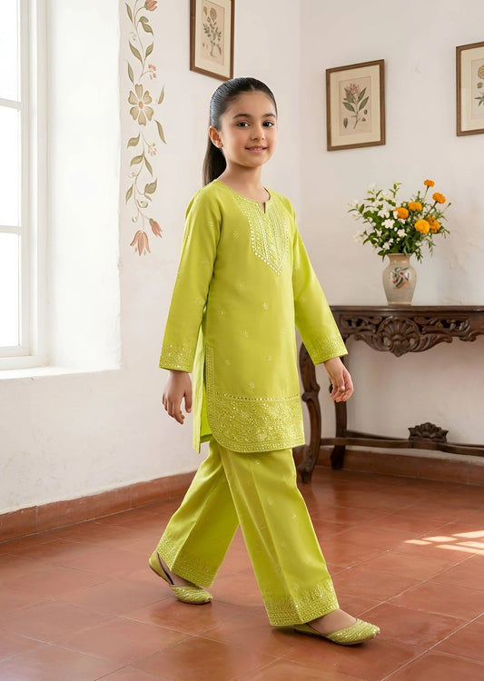 Girls Lime Green Embroidered & Mirror Work Kurta Set