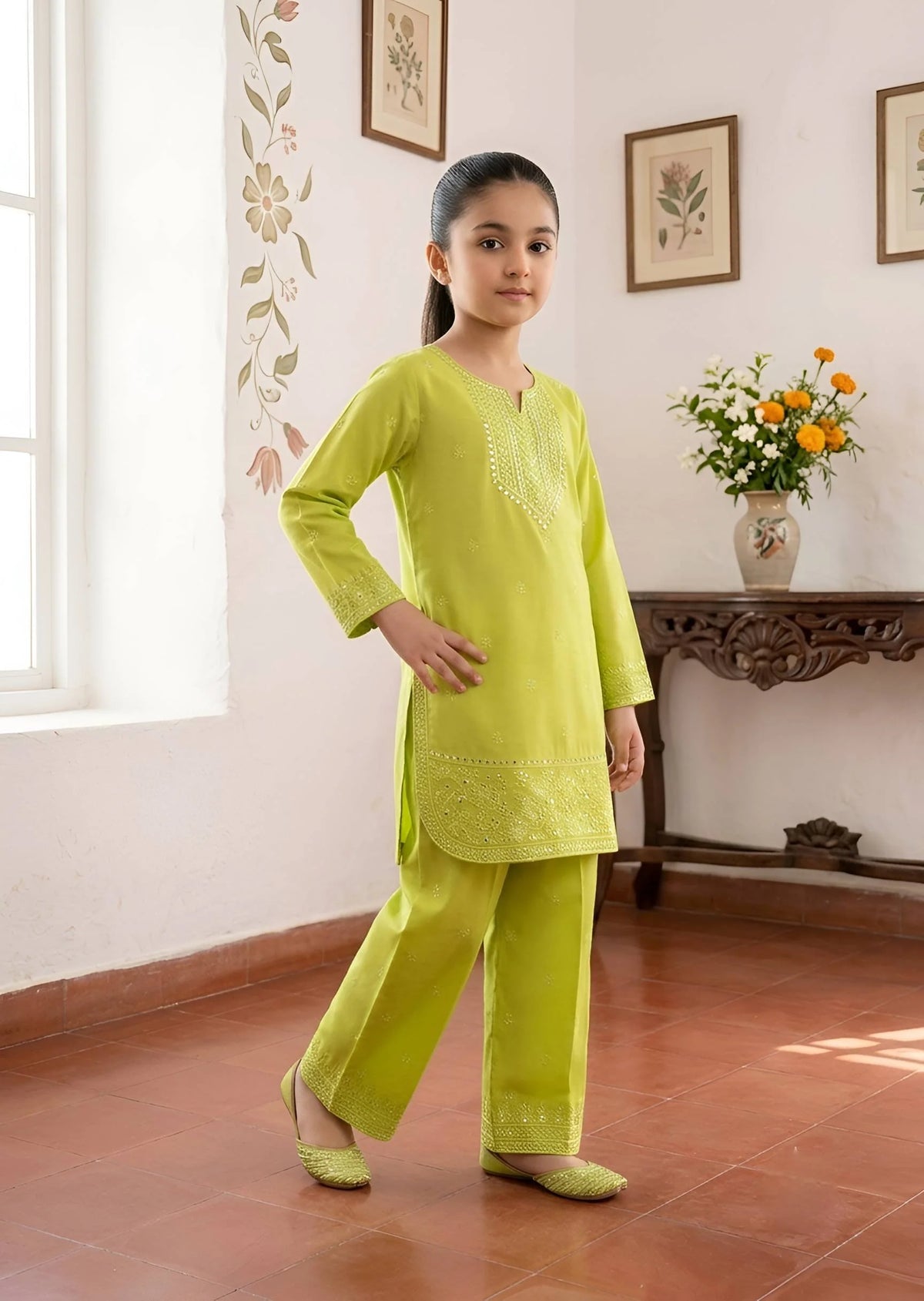 Girls Lime Green Embroidered & Mirror Work Kurta Set