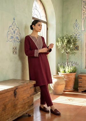 Maroon Embroidered Kurta Set with Straight Trousers