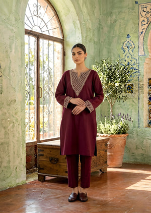 Maroon Embroidered Kurta Set with Straight Trousers