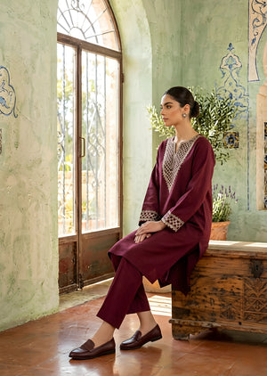 Maroon Embroidered Kurta Set with Straight Trousers