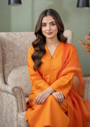 Vibrant Orange Embroidered Cambric Kurta Set