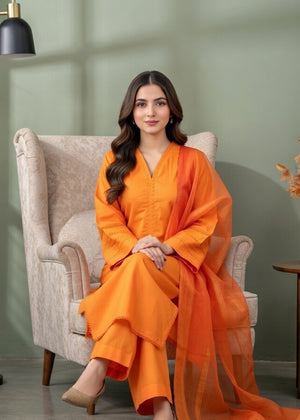 Vibrant Orange Embroidered Cambric Kurta Set