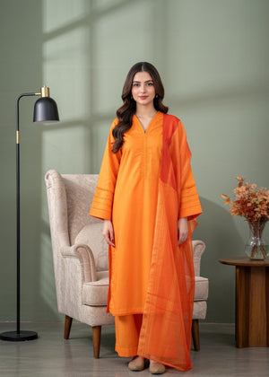 Vibrant Orange Embroidered Cambric Kurta Set