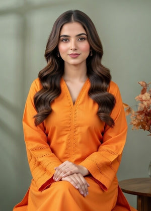 Vibrant Orange Embroidered Cambric Kurta Set