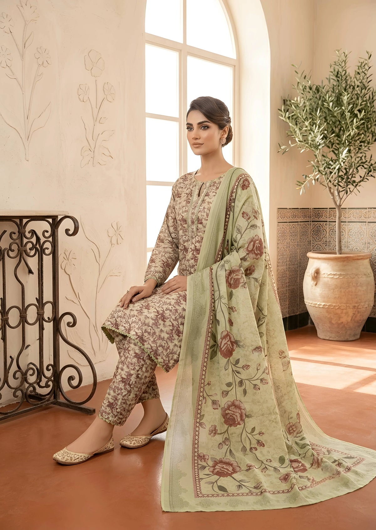 Floral Printed arabic lawn 3-Piece Kurta Set with Dupatta
