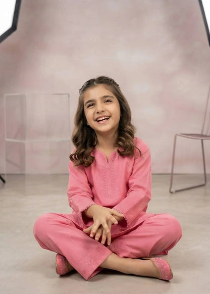 Girls Pink Embroidered Cotton Kurta Set