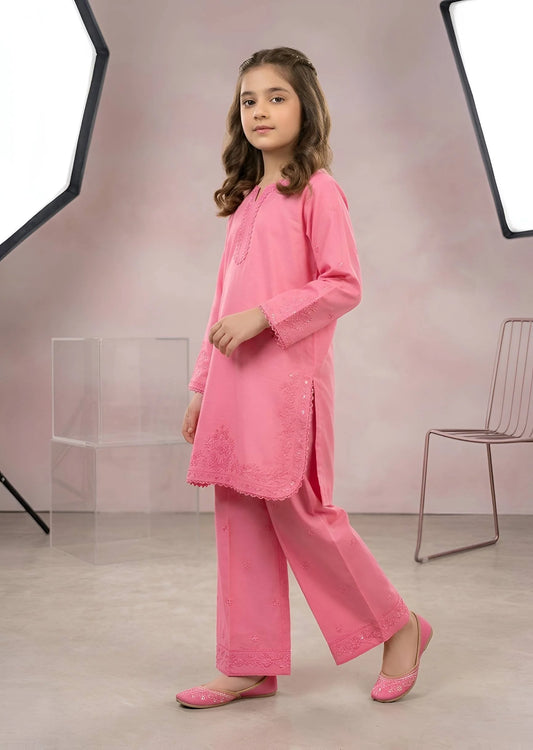 Girls Pink Embroidered Cotton Kurta Set