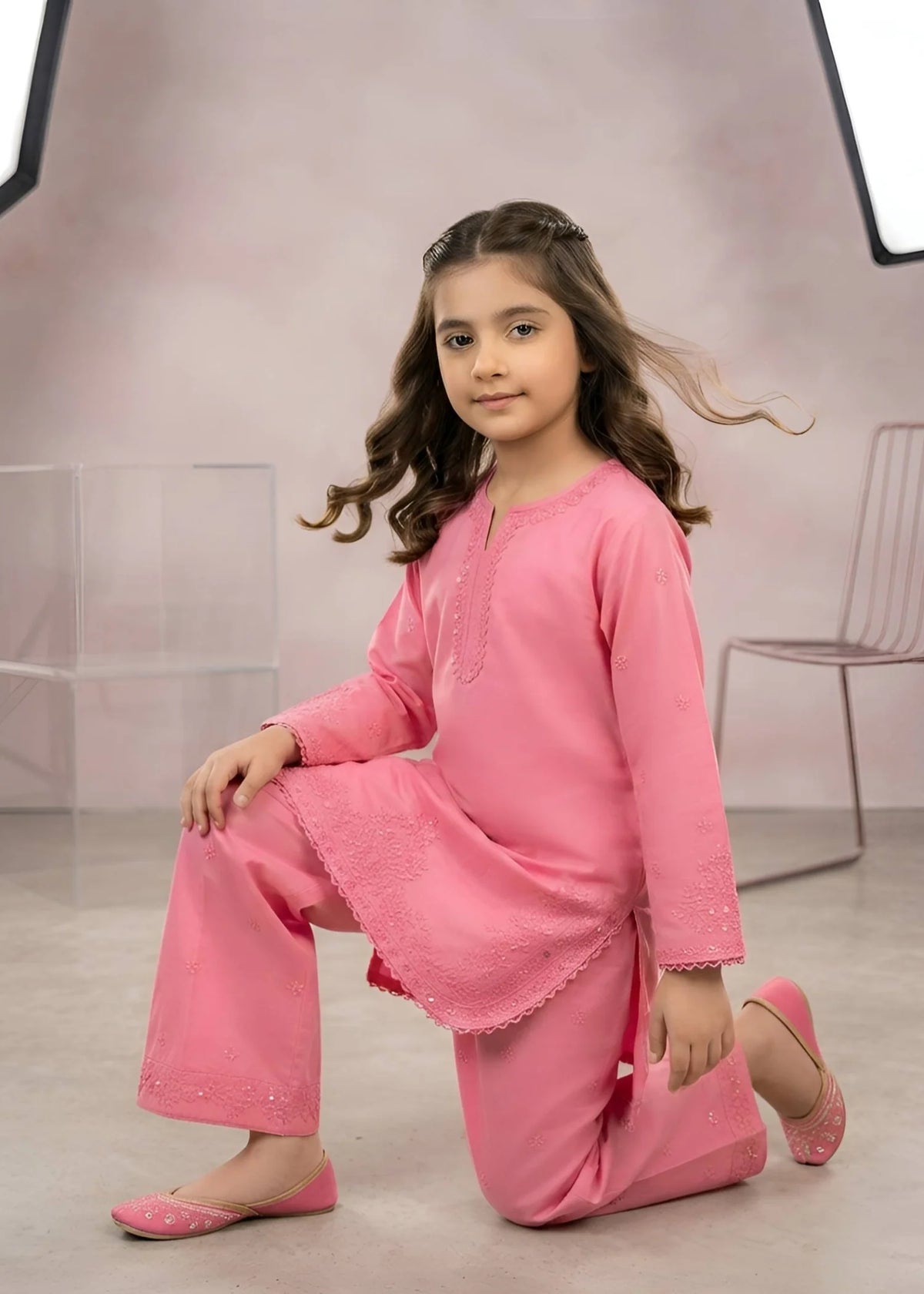 Girls Pink Embroidered Cotton Kurta Set