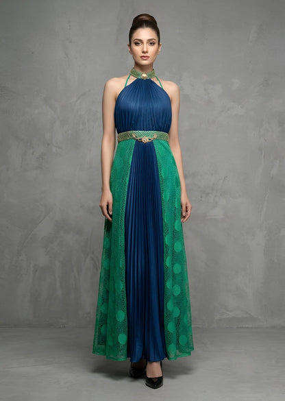 Embellished Halter Neck Flared Maxi Dress in Navy & Emerald Green
