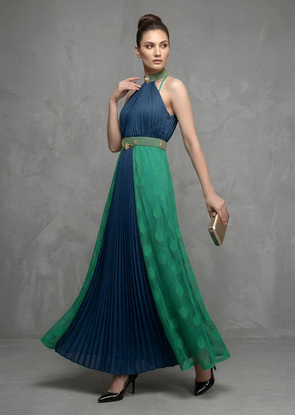 Embellished Halter Neck Flared Maxi Dress in Navy & Emerald Green