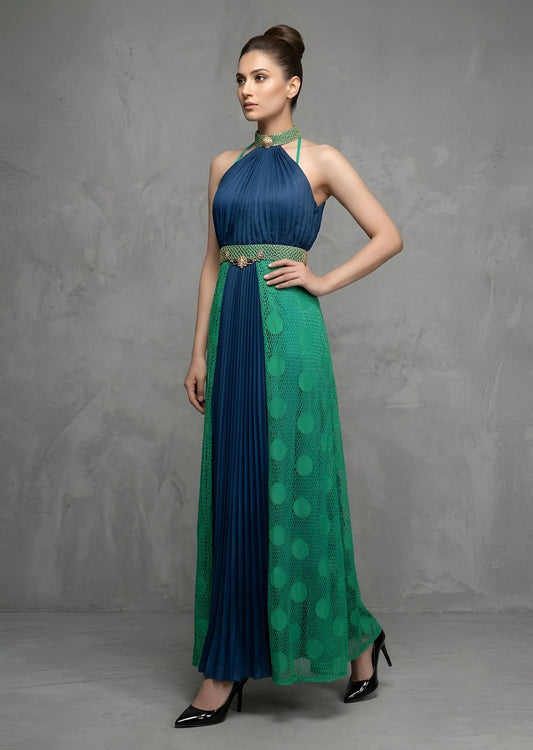 Embellished Halter Neck Flared Maxi Dress in Navy & Emerald Green