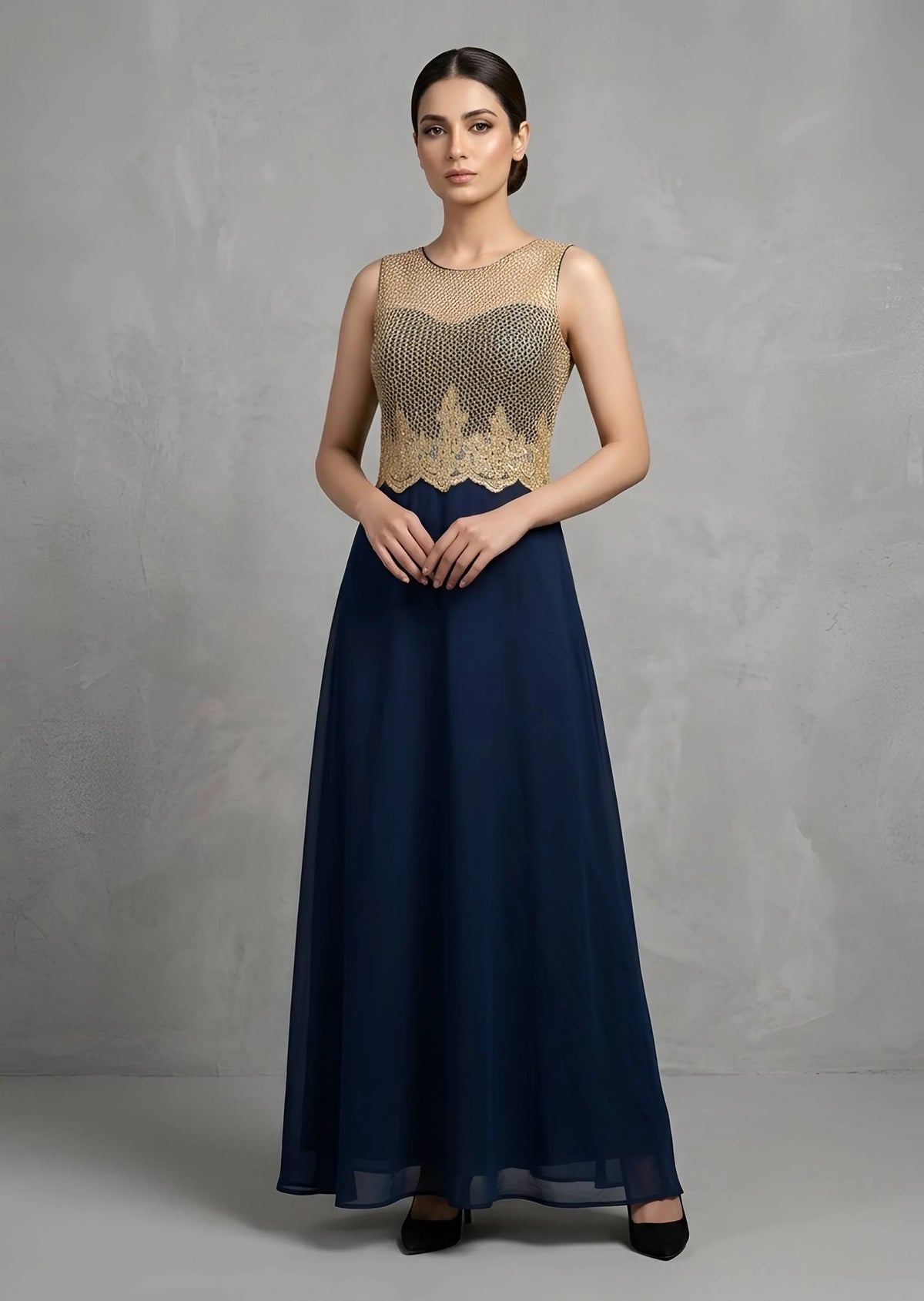 Elegant Gold Embroidered Bodice Navy Blue Flared Maxi Dress