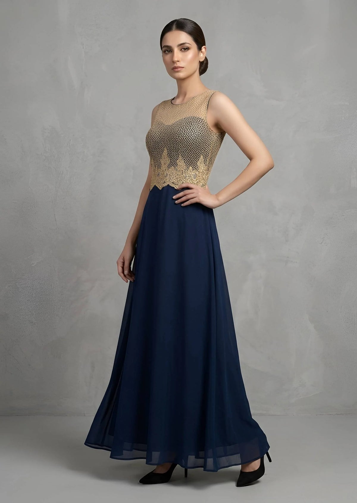 Elegant Gold Embroidered Bodice Navy Blue Flared Maxi Dress