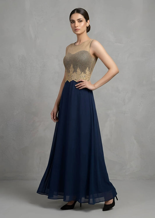 Elegant Gold Embroidered Bodice Navy Blue Flared Maxi Dress