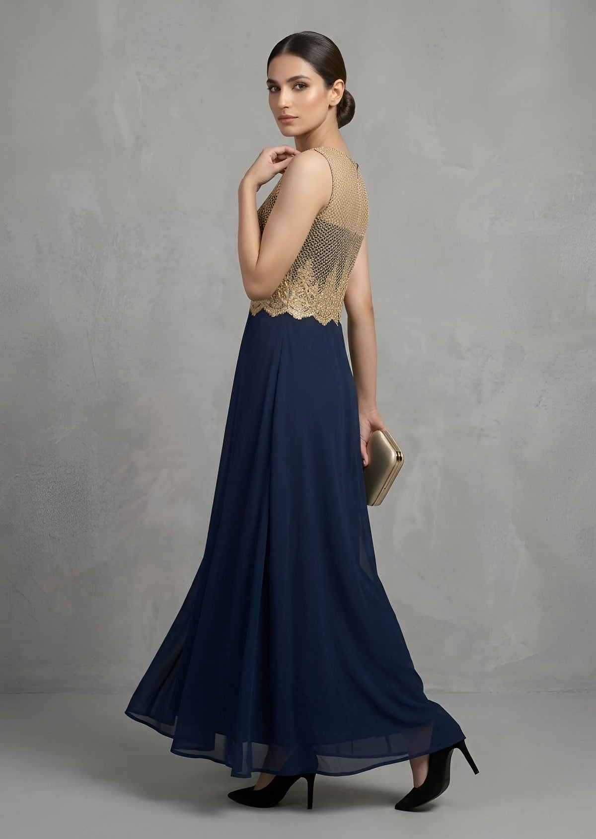 Elegant Gold Embroidered Bodice Navy Blue Flared Maxi Dress