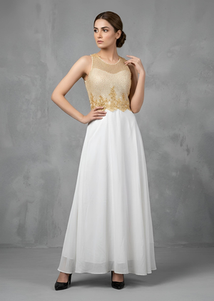 Elegant Gold and White Embroidered Flared Maxi Dress