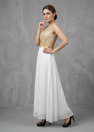 Elegant Gold and White Embroidered Flared Maxi Dress