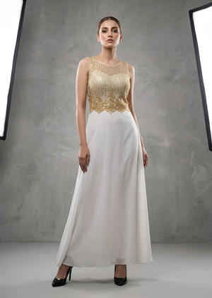 Elegant Gold and White Embroidered Flared Maxi Dress