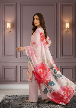 Pink Floral Printed Lawn 3-Piece Kurta Set with Dupatta