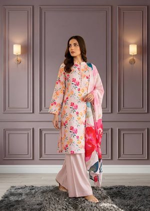 Pink Floral Printed Lawn 3-Piece Kurta Set with Dupatta