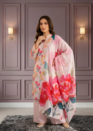 Pink Floral Printed Lawn 3-Piece Kurta Set with Dupatta