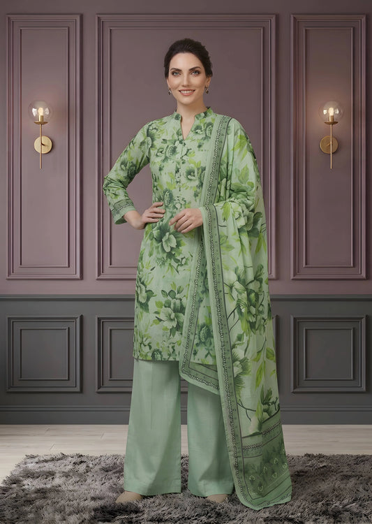 Elegant Green Floral Printed Lawn Kurta Set with Palazzo and Dupatta