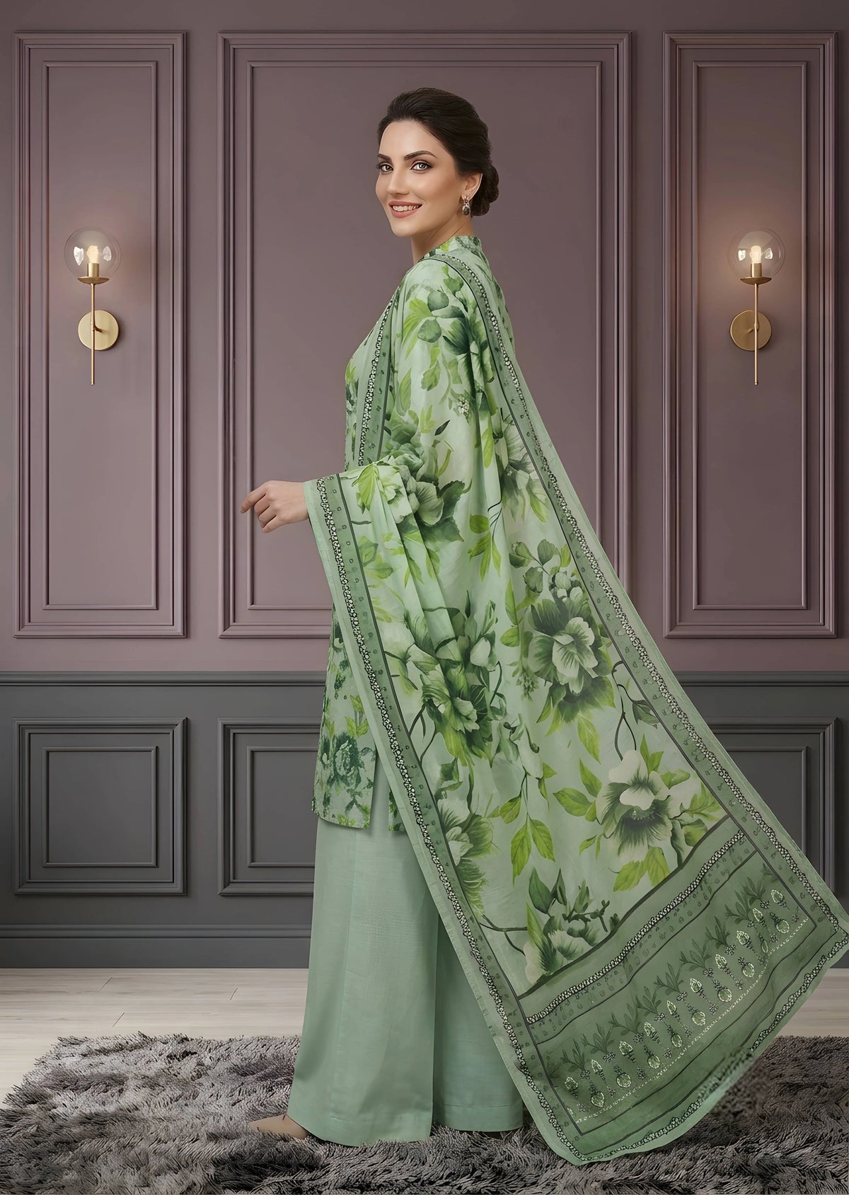 Elegant Green Floral Printed Lawn Kurta Set with Palazzo and Dupatta