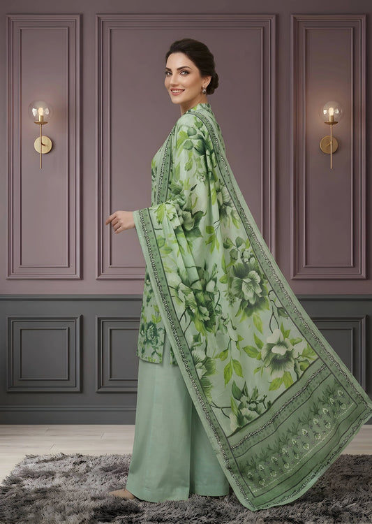 Elegant Green Floral Printed Lawn Kurta Set with Palazzo and Dupatta
