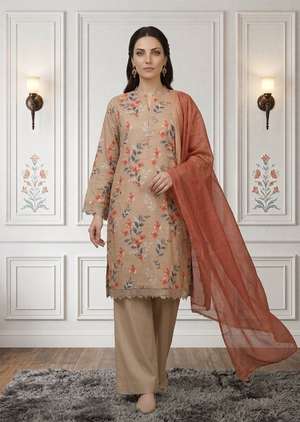 Beige Digital Printed Lawn Kurta Set with Rust Dupatta