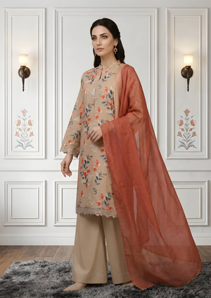 Beige Digital Printed Lawn Kurta Set with Rust Dupatta