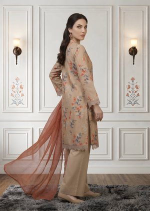 Beige Digital Printed Lawn Kurta Set with Rust Dupatta