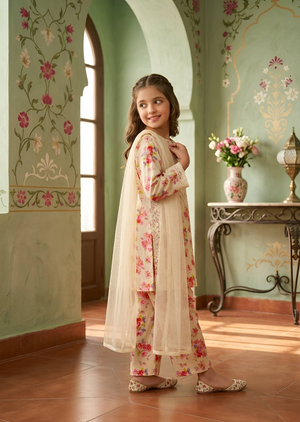 Off-White Floral Printed Lawn Kurta Set with Lacework