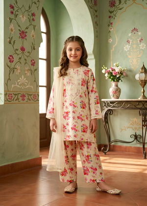 Off-White Floral Printed Lawn Kurta Set with Lacework
